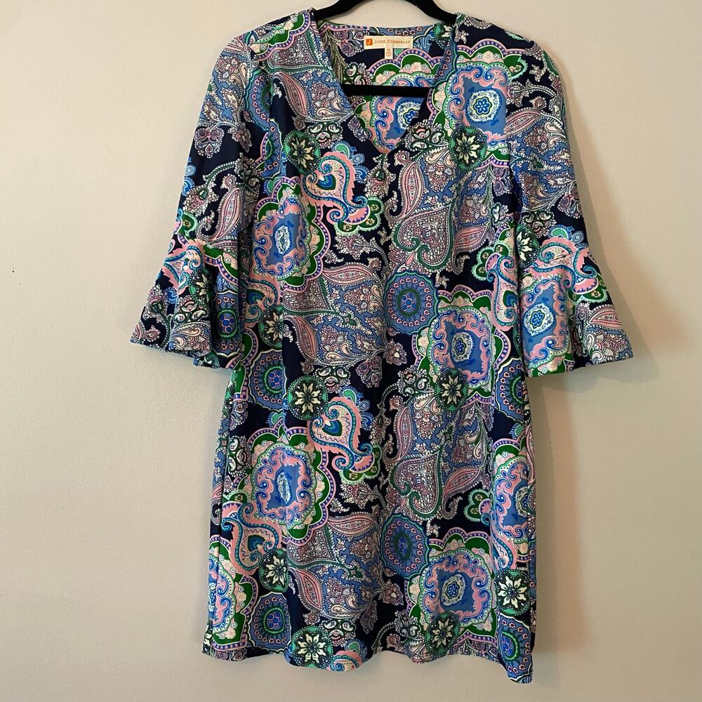 Jude Connally Blue Green Pink Paisley Stretch V-neck Mini Dress Preppy Women XS